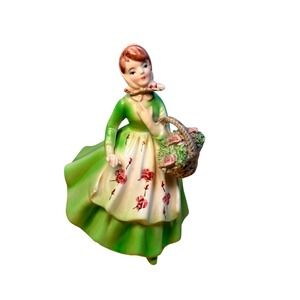 Vtg 1950s Lefton Ceramic Girl Flower Basket Figurine 2798 Green Dress Japan Foil